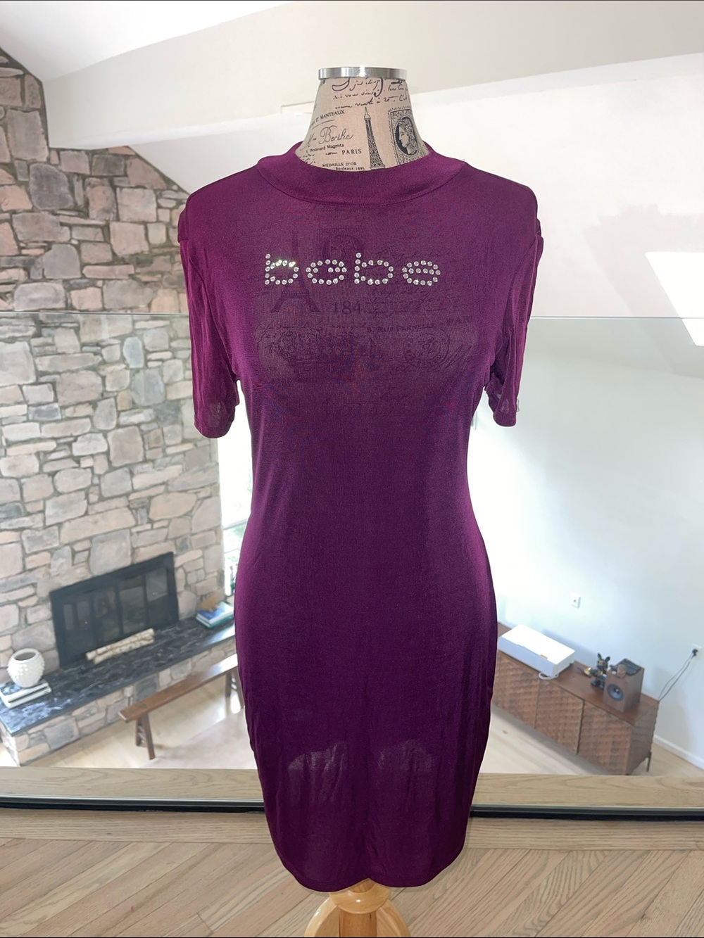 bebe inspired Plum mesh Short Sleeve Logo Tee Dress